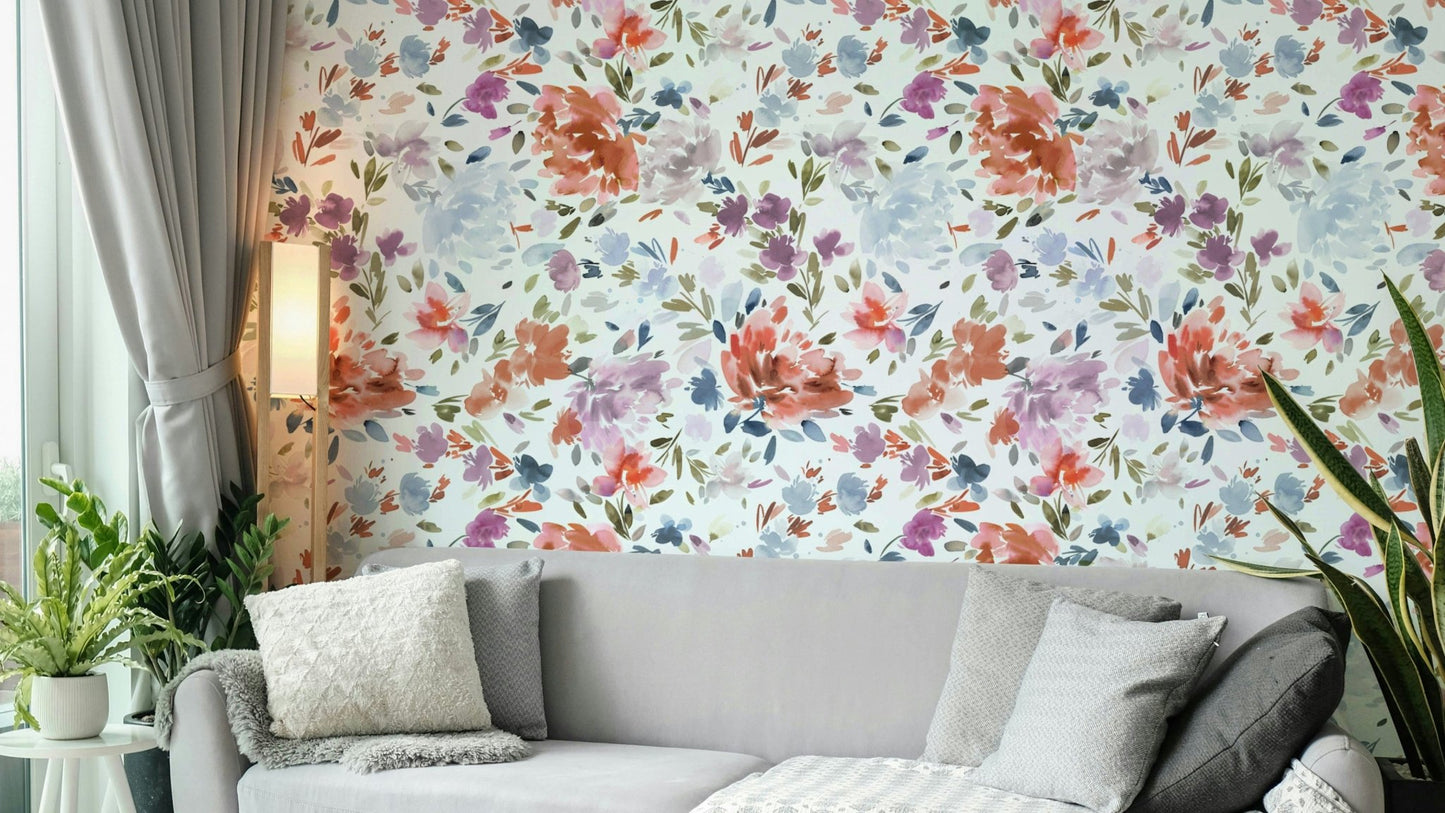 Classy floral wallpaper in red and blue tones

