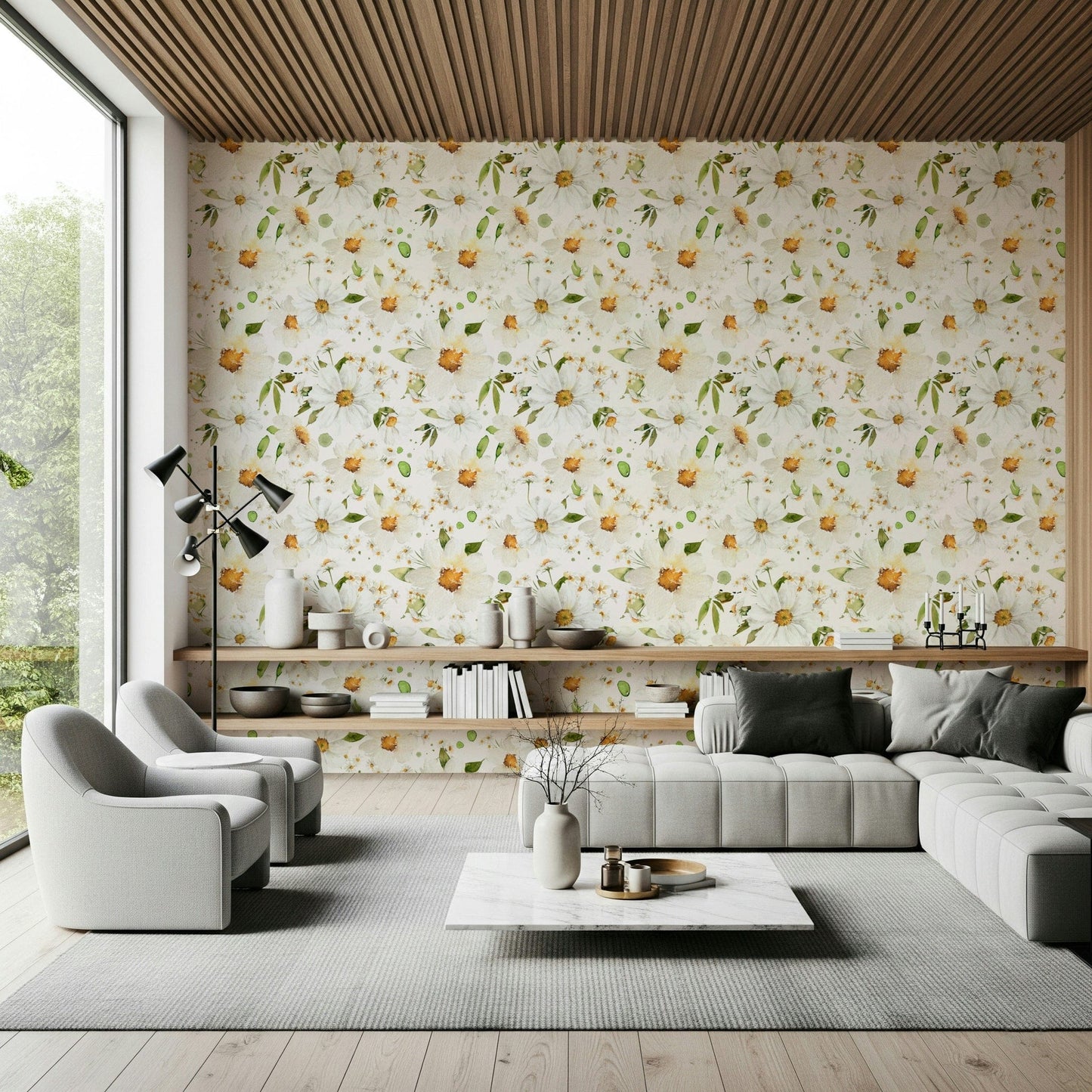 Ethereal daisy pattern wall covering for a bright bedroom space.