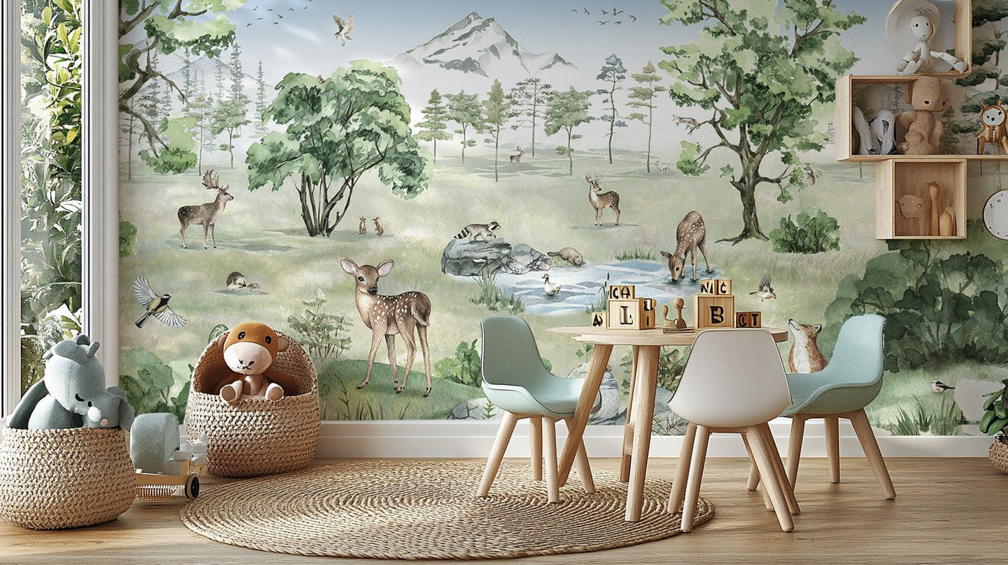 Watercolor Deer Forest summer Animals Wallpaper - Giffywalls KB19