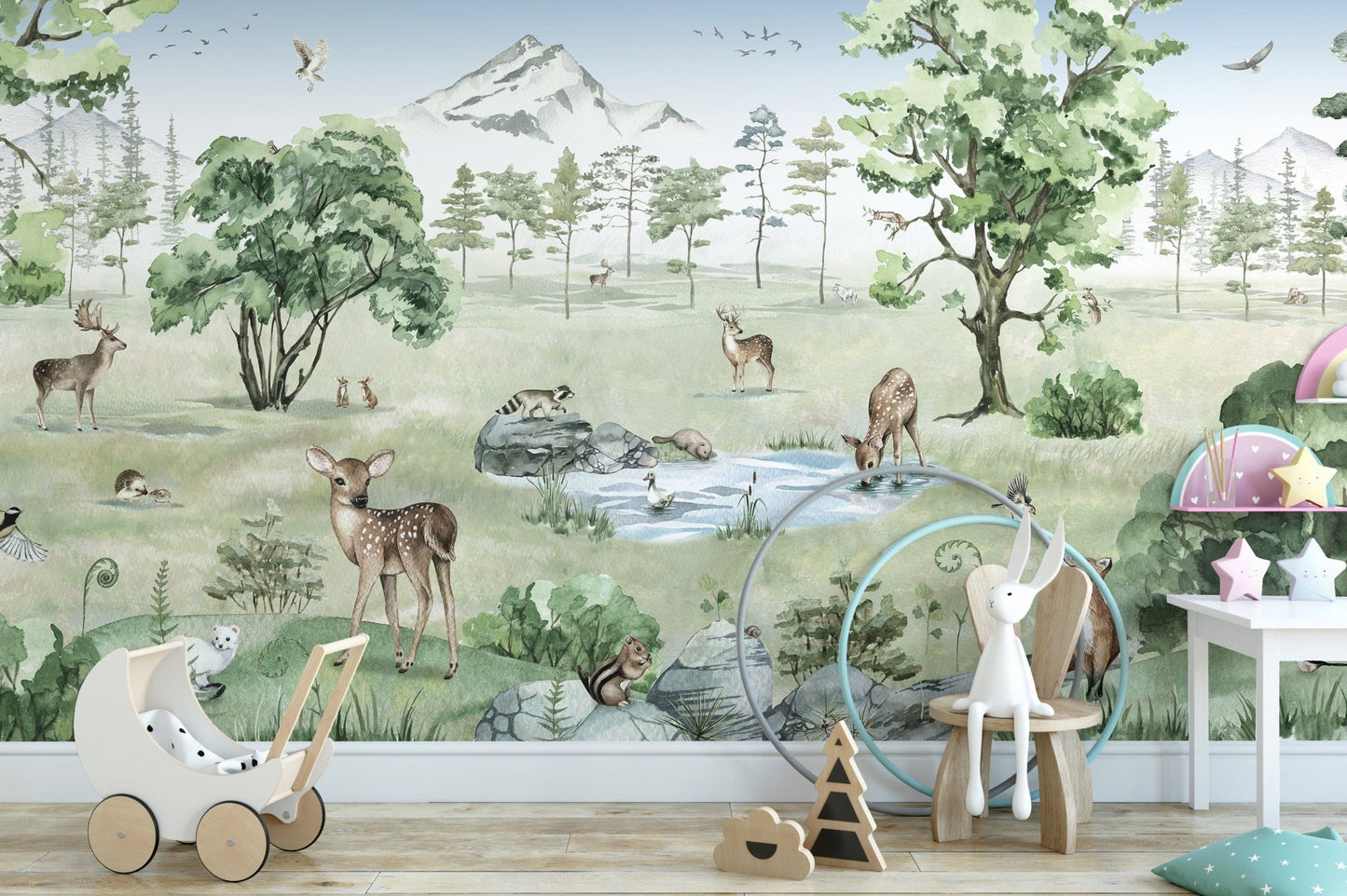 Watercolor wallpaper showcasing deer in a forest landscape KB19