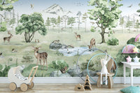 Watercolor wallpaper showcasing deer in a forest landscape KB19