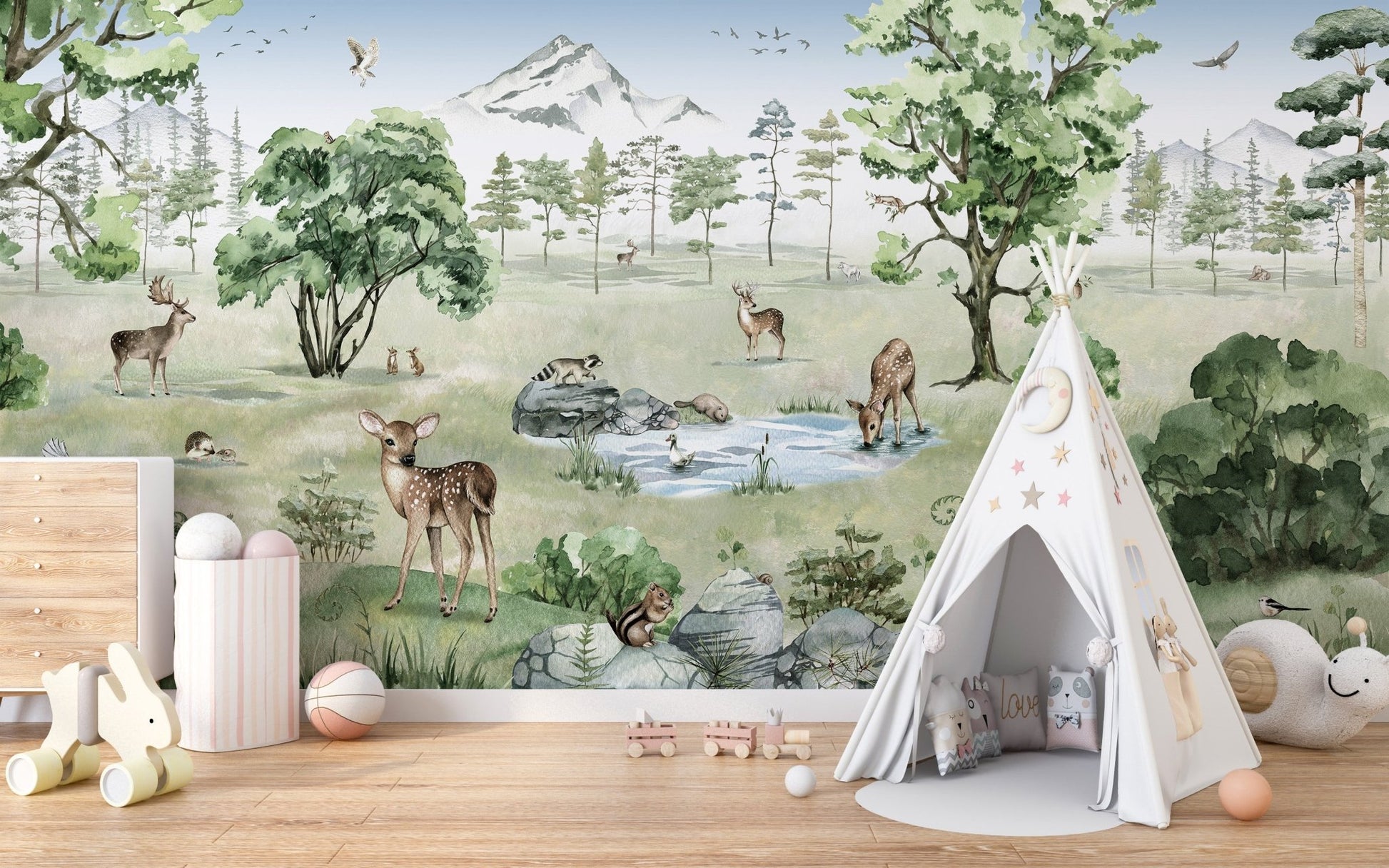 Forest animals wallpaper with deer in watercolor landscape KB19