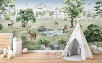 Forest animals wallpaper with deer in watercolor landscape KB19