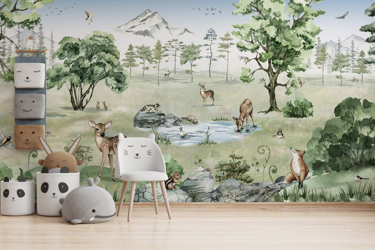 Watercolor deer wallpaper featuring forest and summer animals KB19