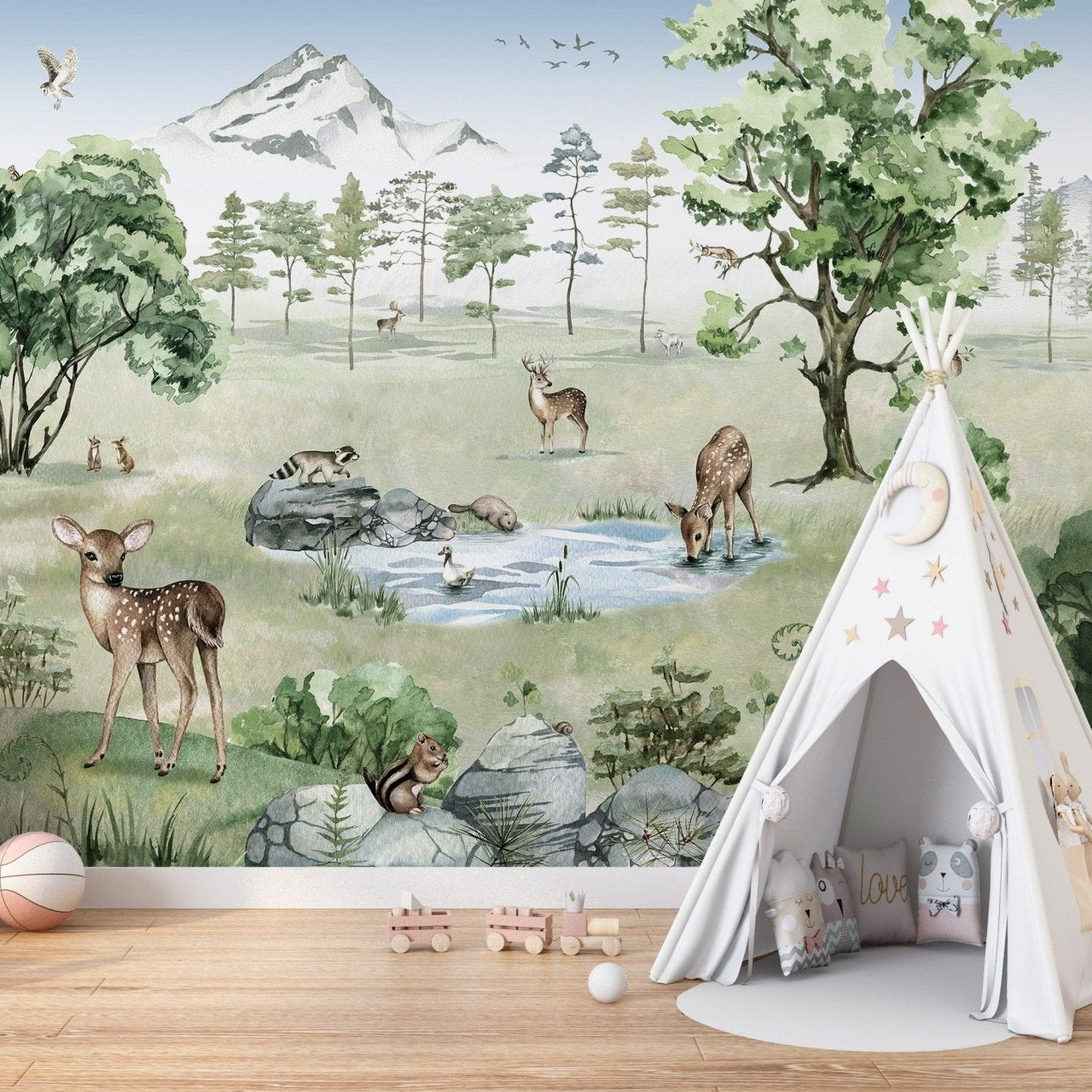 Watercolor Deer Forest summer Animals Wallpaper - Giffywalls KB19