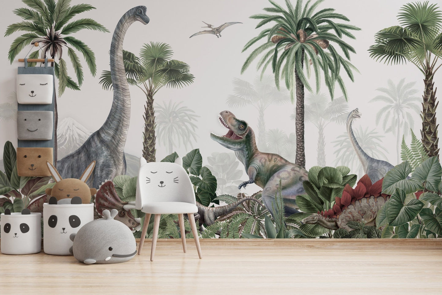 Watercolor dinosaur wallpaper featuring prehistoric jungle KB22