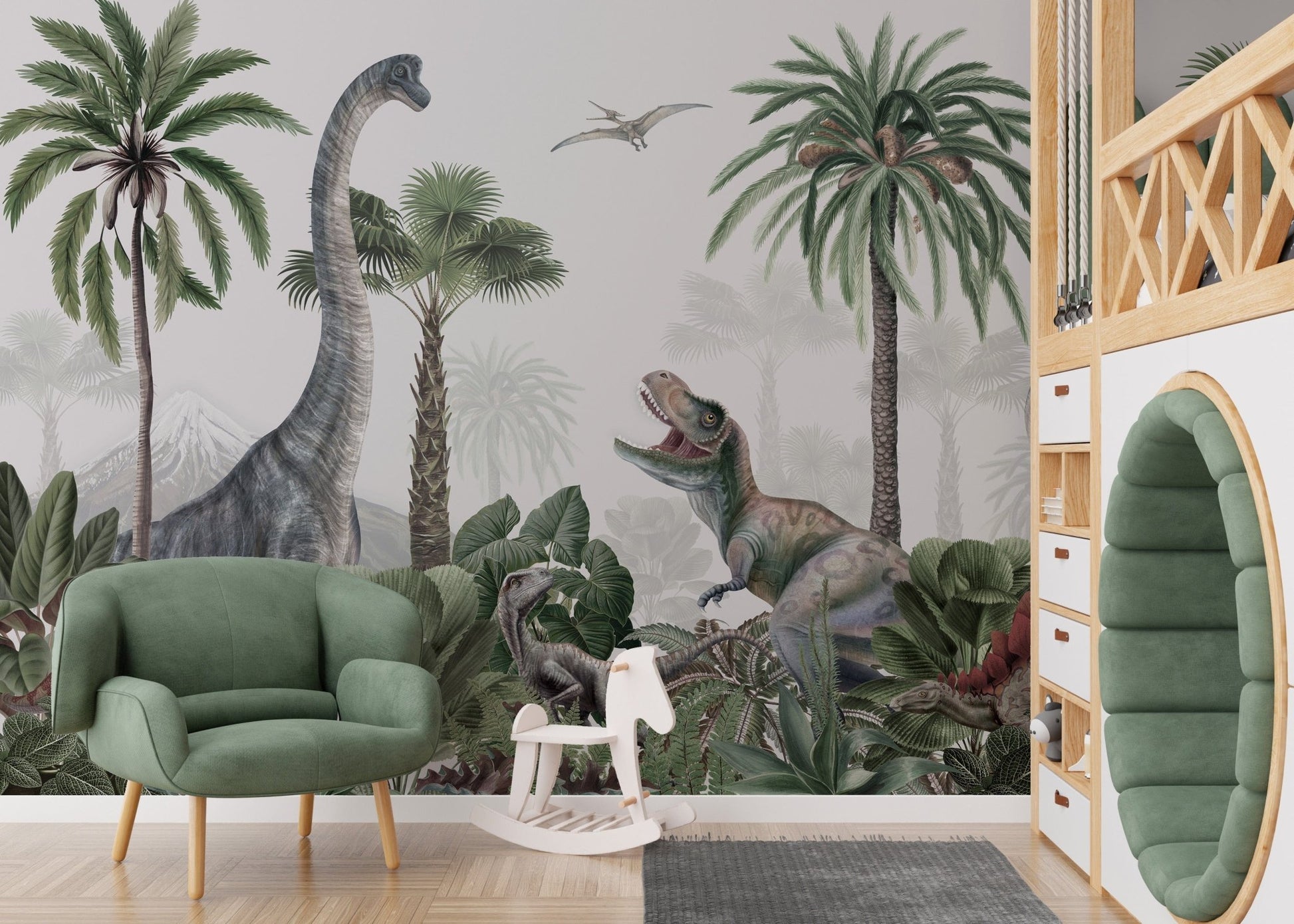 Dinosaur jungle wallpaper for walls with detailed watercolor KB22