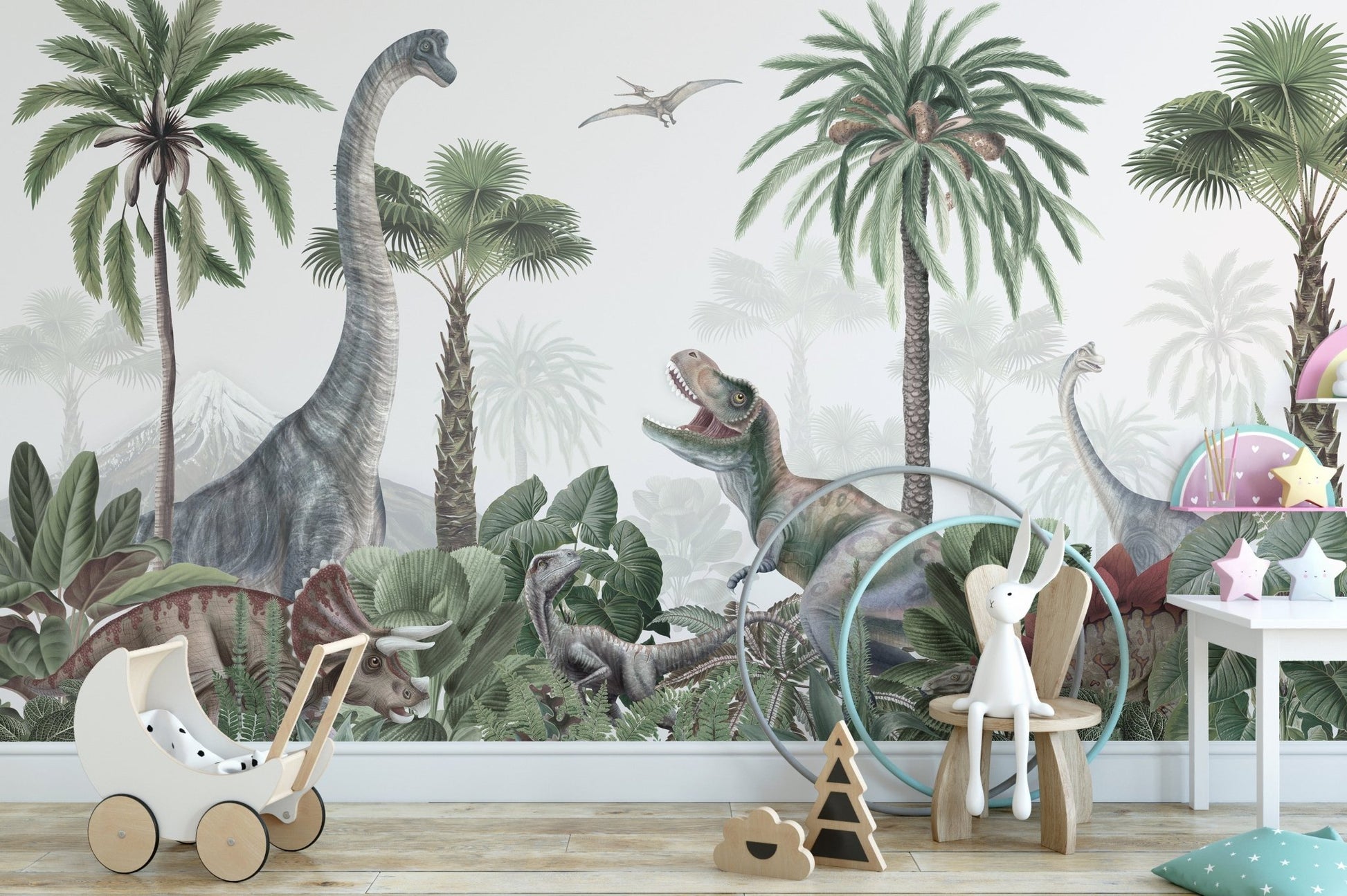 Watercolor dinosaur-themed wallpaper with lush greenery KB22