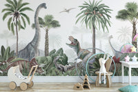 Watercolor dinosaur-themed wallpaper with lush greenery KB22