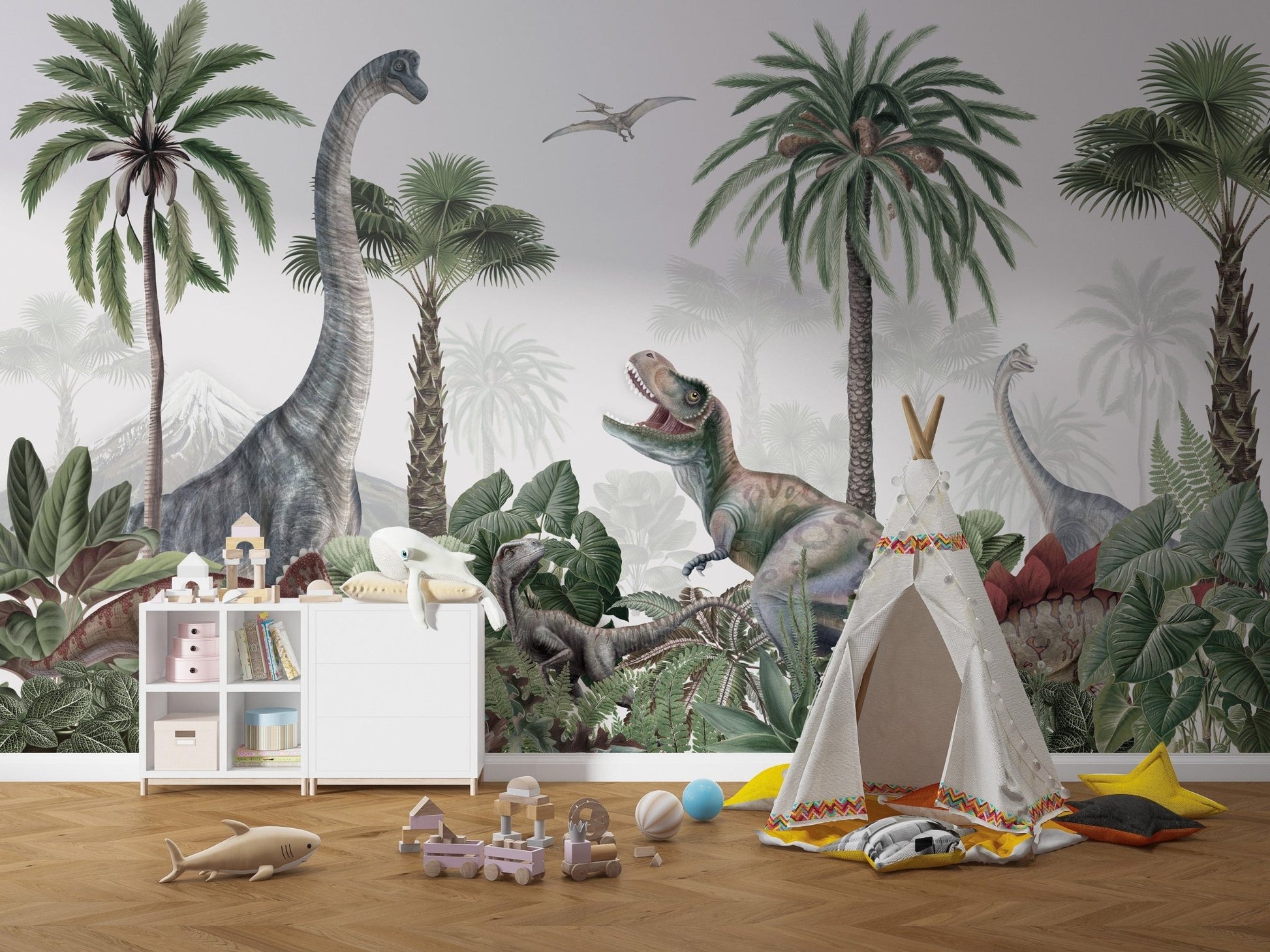 Watercolor dinosaur wallpaper mural with palm trees and plants KB22
