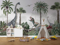 Watercolor dinosaur wallpaper mural with palm trees and plants KB22