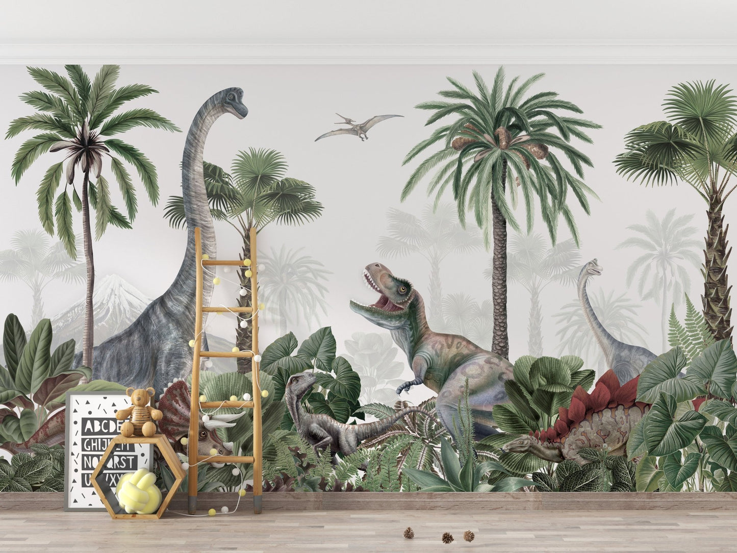 Prehistoric dinosaur wallpaper for walls with palm trees KB22