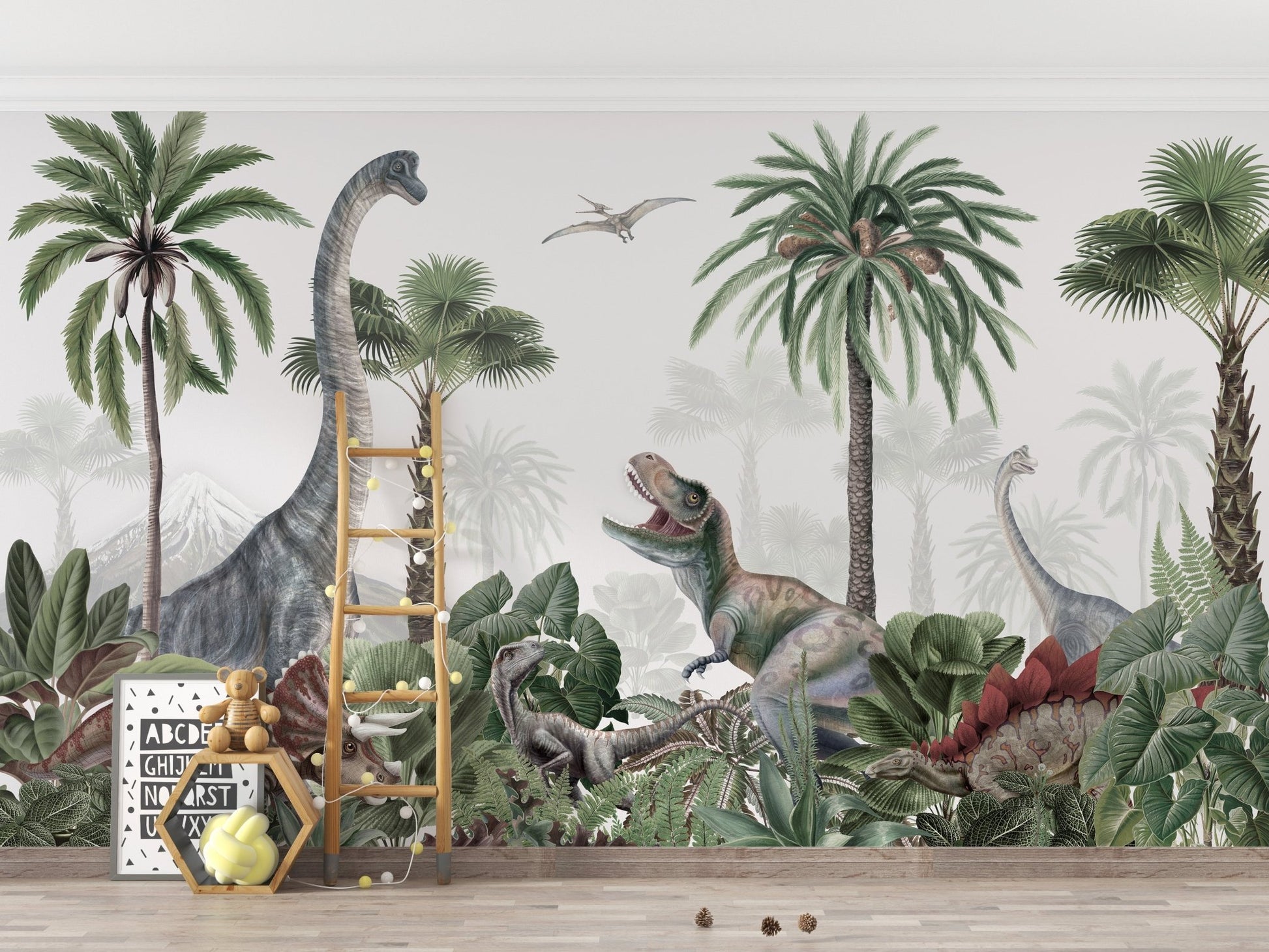 Prehistoric dinosaur wallpaper for walls with palm trees KB22