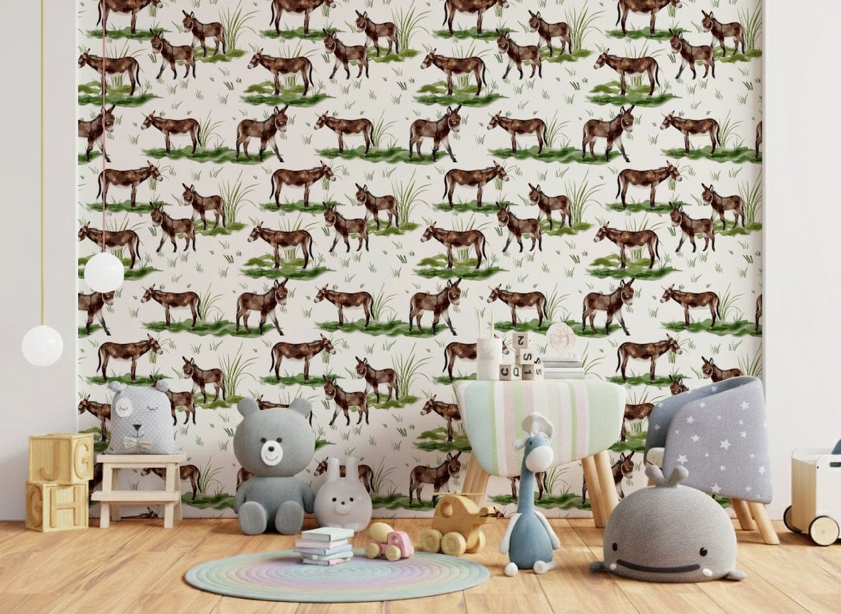 Watercolor Donkeys wallpaper for walls featuring rustic brown burros., GD7236
