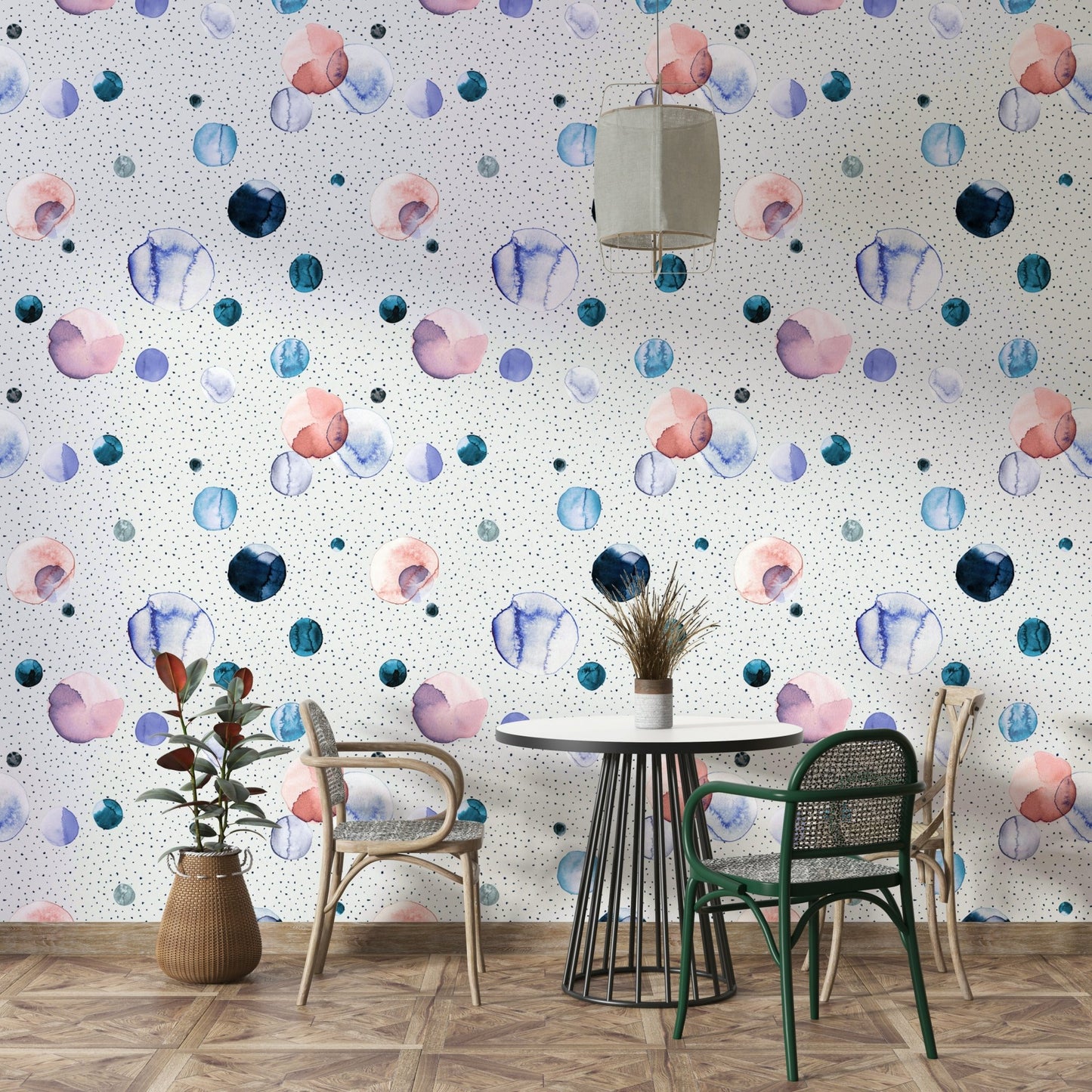 Speckled watercolor dots in calming, soft tones for interiors

