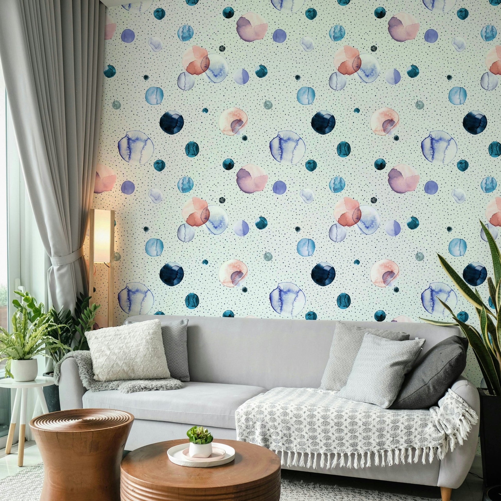 Space-inspired speckled wallpaper with watercolor dots

