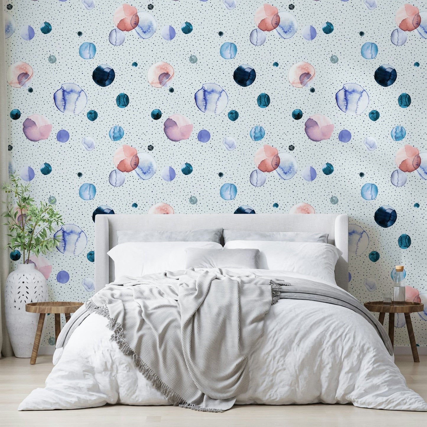 Light pastel watercolor dots wallpaper for a serene space

