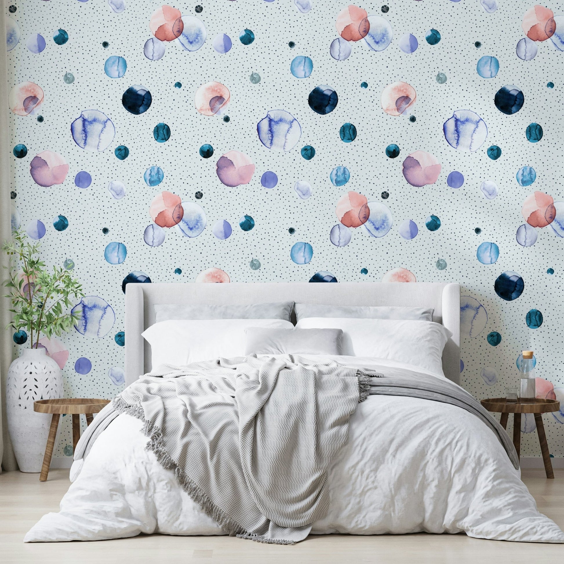 Light pastel watercolor dots wallpaper for a serene space

