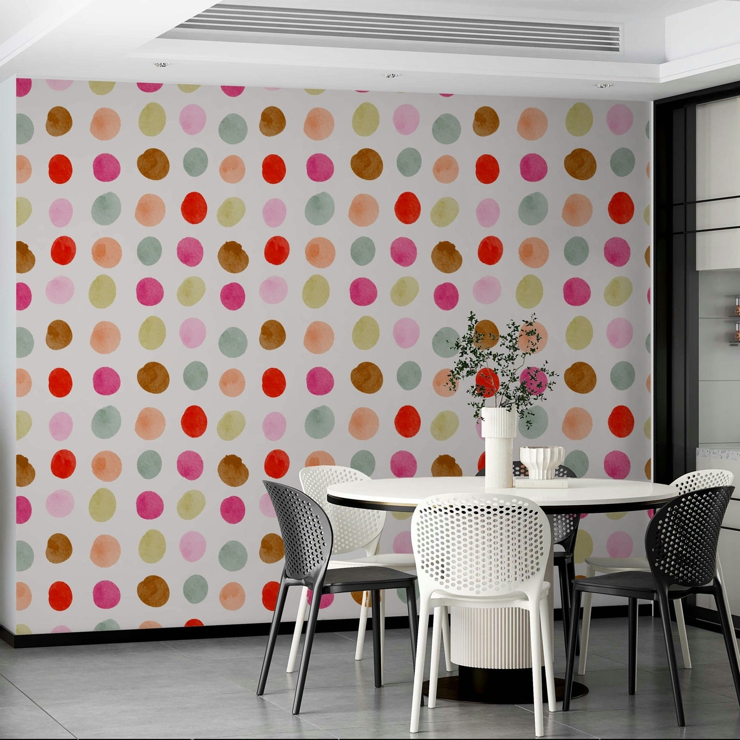 A wall mural of a watercolor dots pattern.

