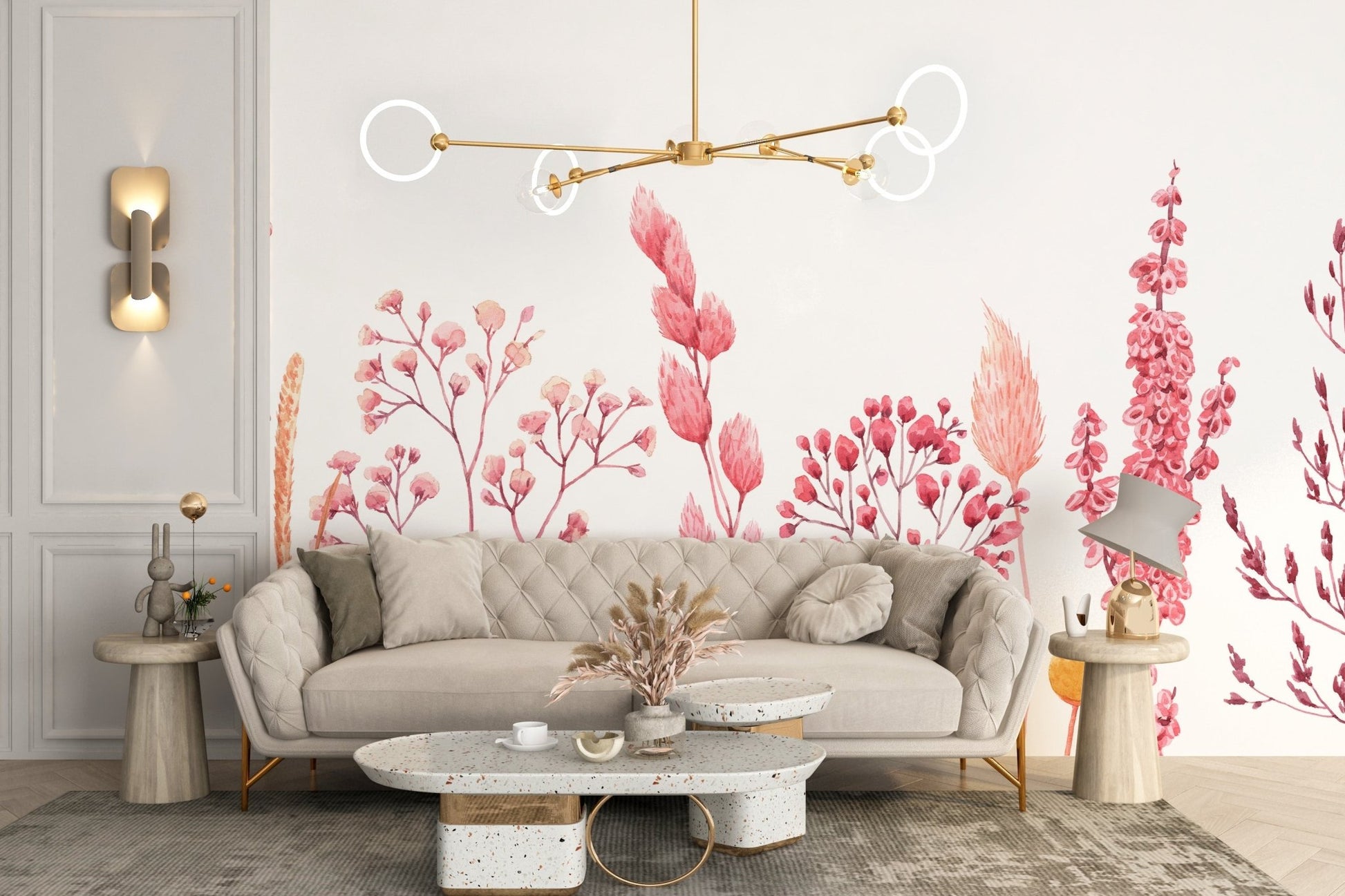 Floral watercolor wallpaper with dried ears and blossoms.