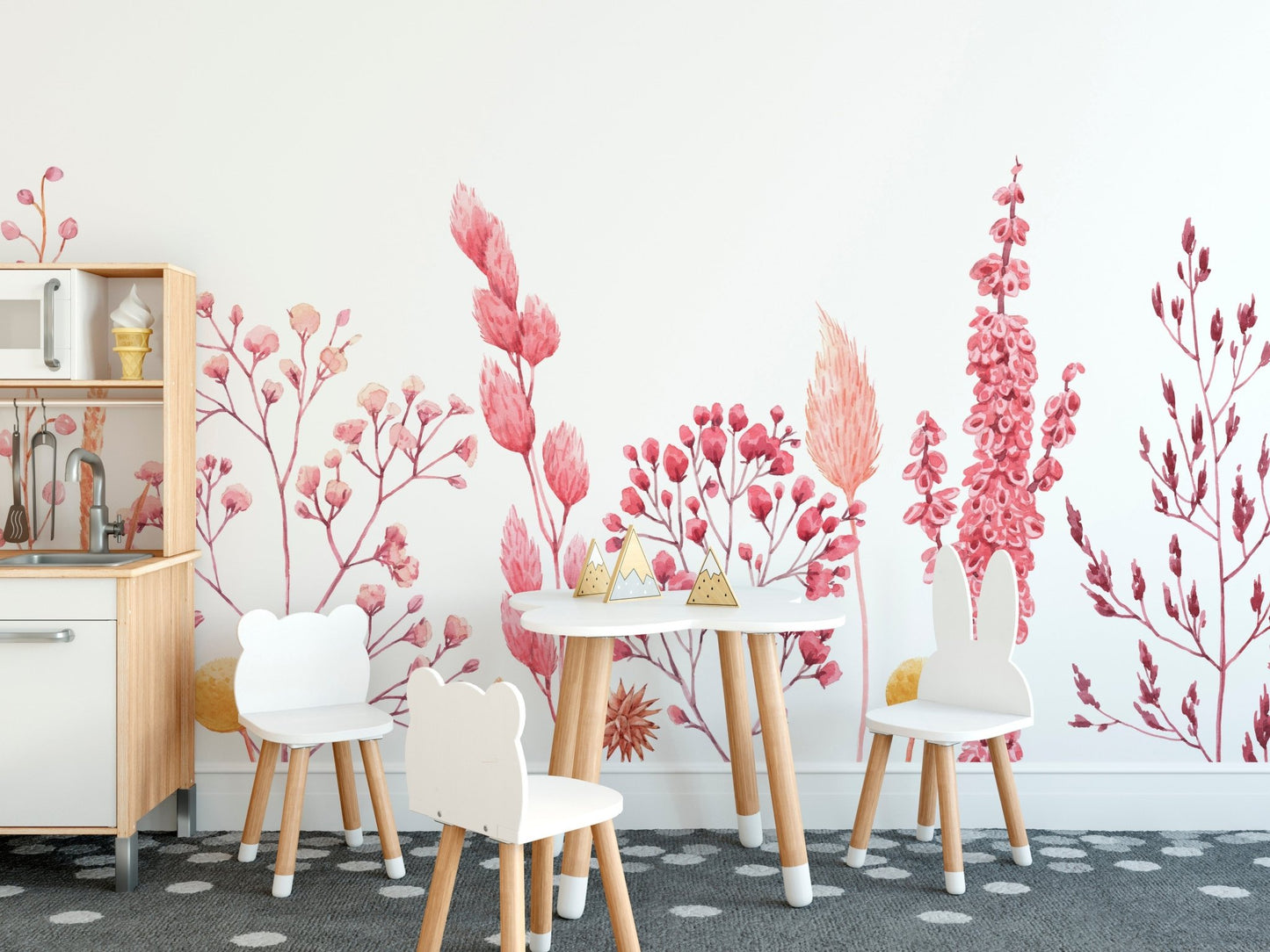 Dried flower wallpaper mural in pastel watercolor tones.