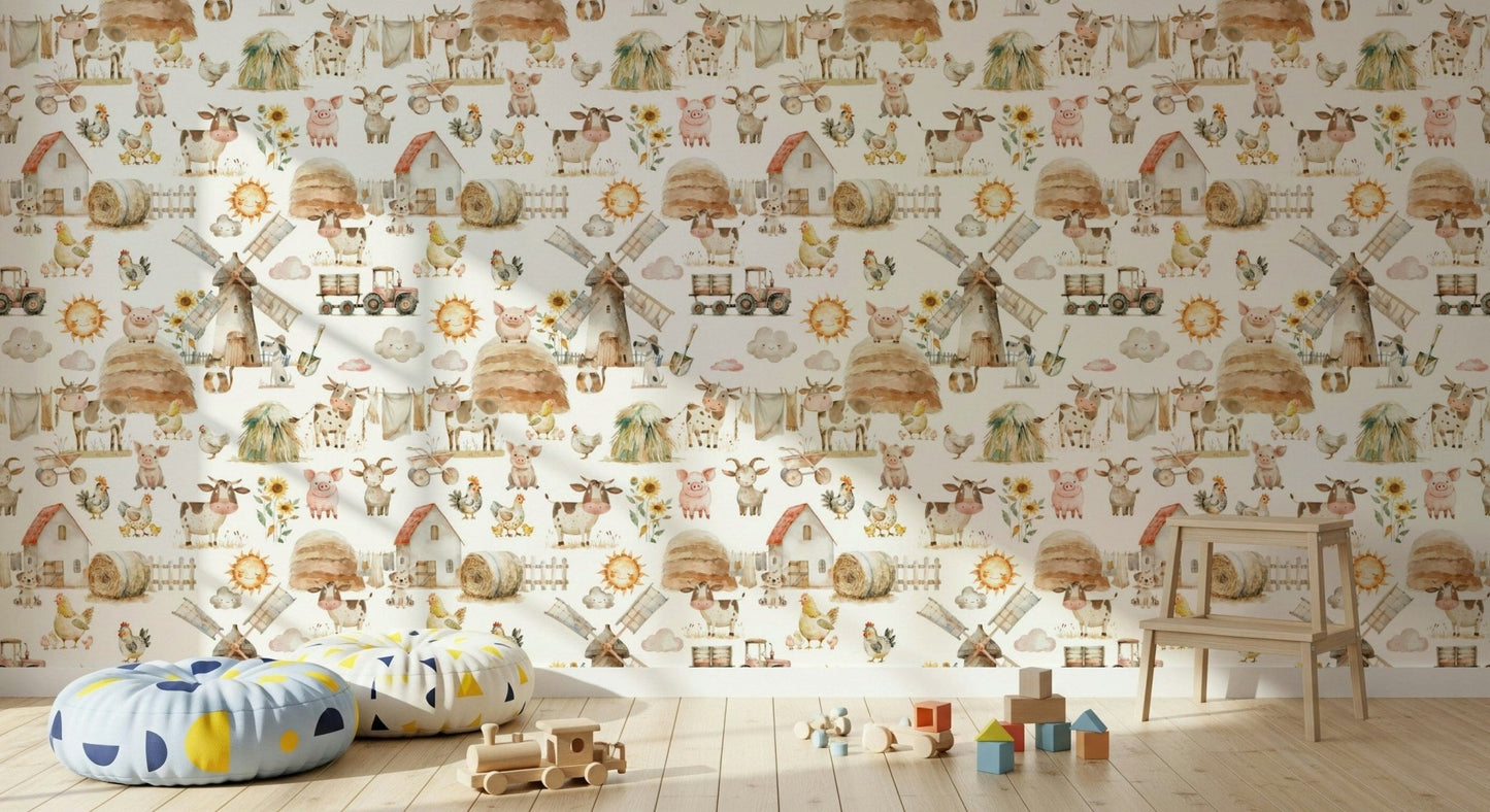 Hay bales sun wallpaper mural Watercolor Farm Fun aesthetic., GD7215