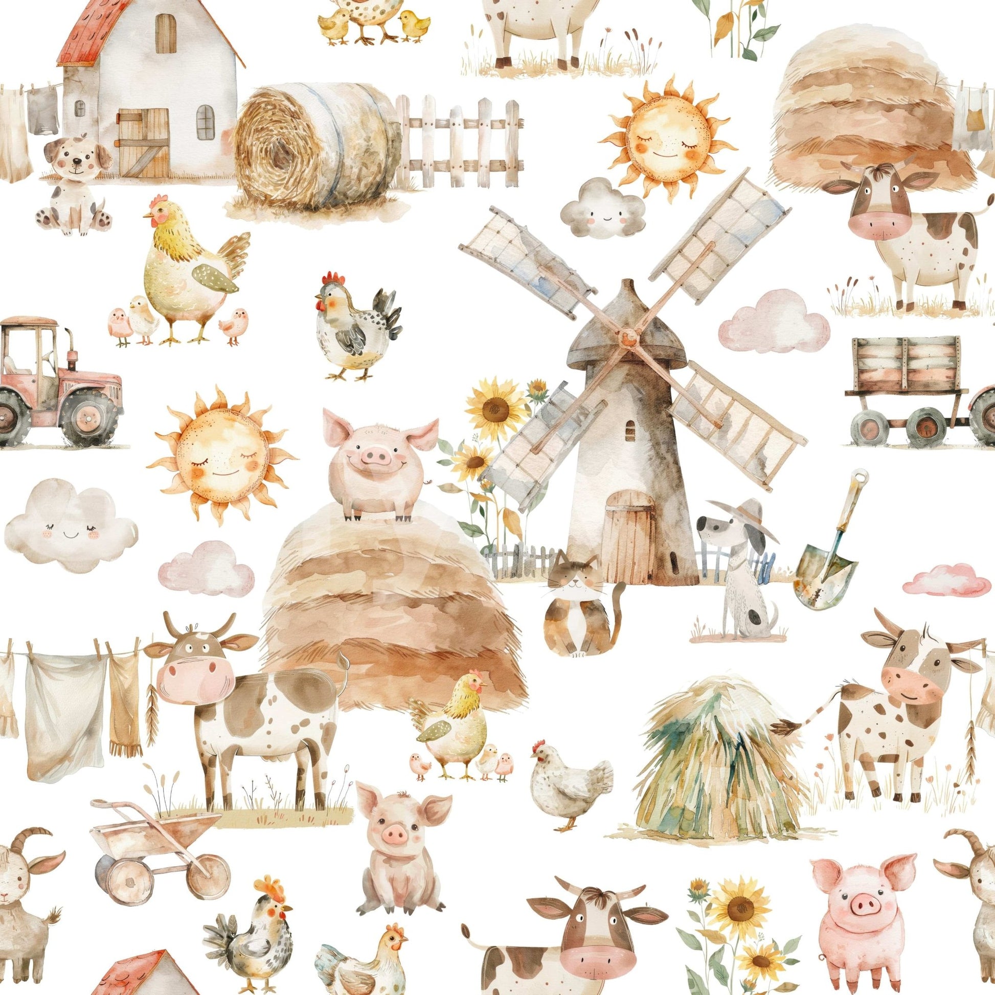 Happy pigs cows peel and stick wallpaper Watercolor Farm Fun., GD7215