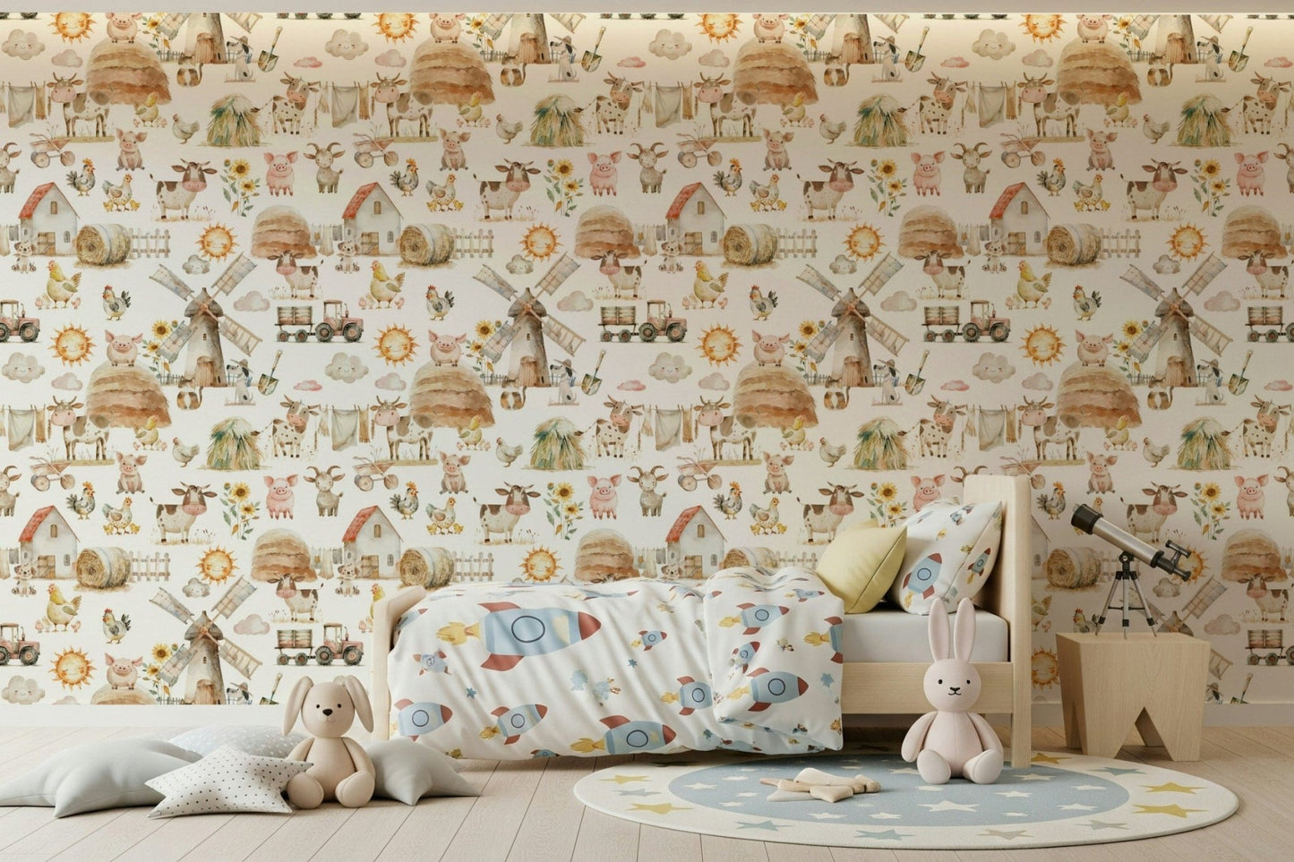 Rustic Watercolor Farm Fun wallpaper for walls soft painted style., GD7215