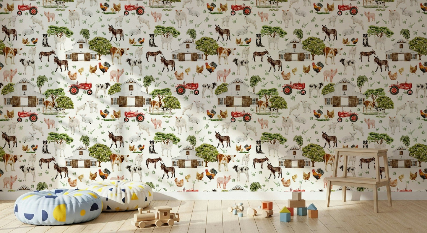 Watercolor Farm Life peel and stick wallpaper showcasing grazing cows.