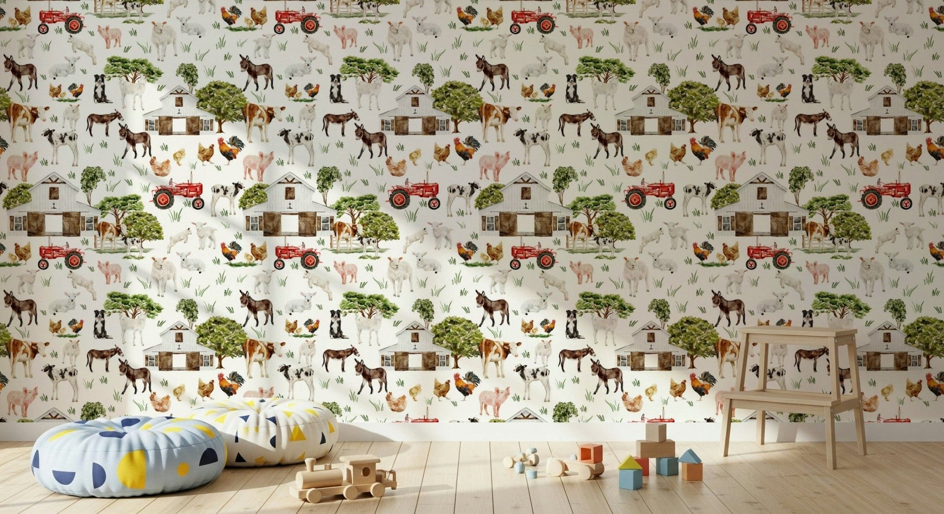Watercolor Farm Life peel and stick wallpaper showcasing grazing cows.