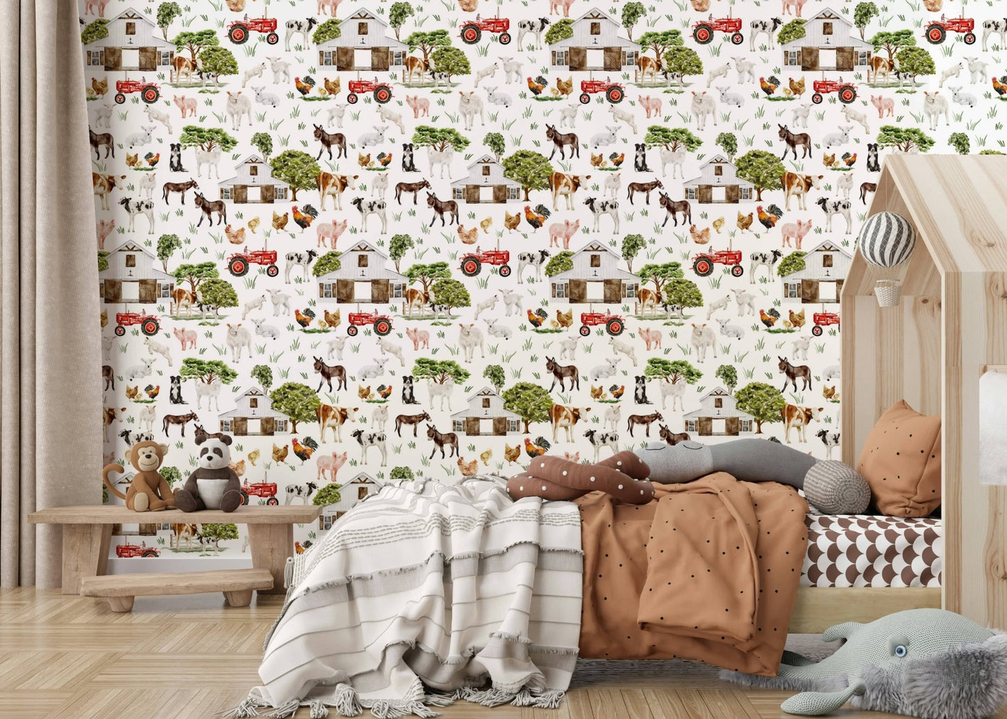 Watercolor Farm Life wallpaper mural with fluffy sheep and grass.