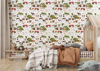 Watercolor Farm Life wallpaper mural with fluffy sheep and grass.