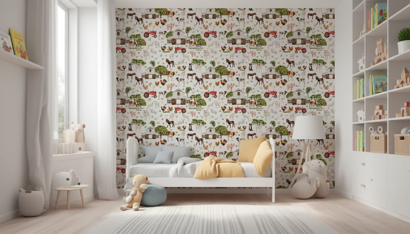Watercolor Farm Life wallpaper mural with white barns and trees.