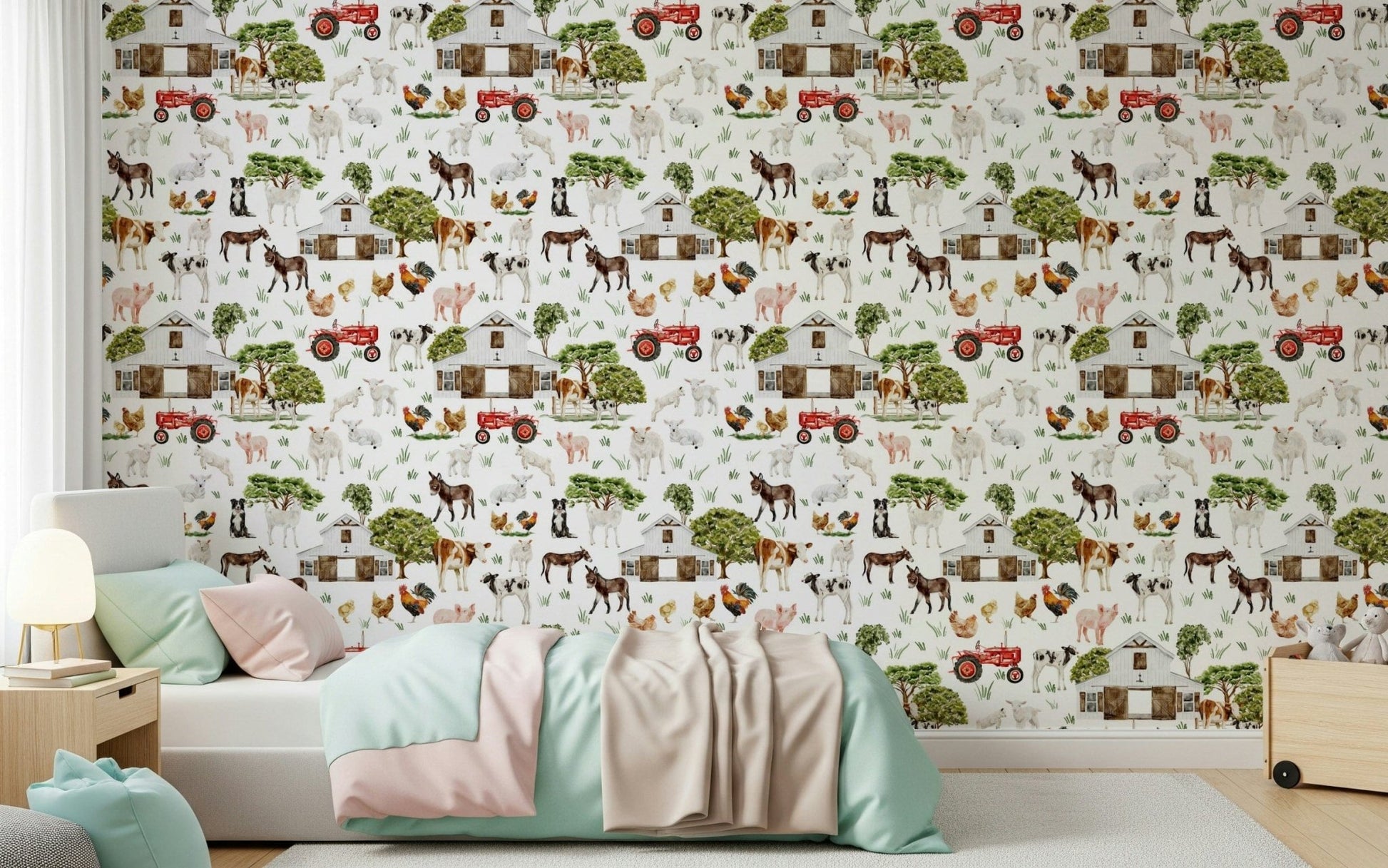 Adorable piglet illustrations on Watercolor Farm Life peel and stick wallpaper.