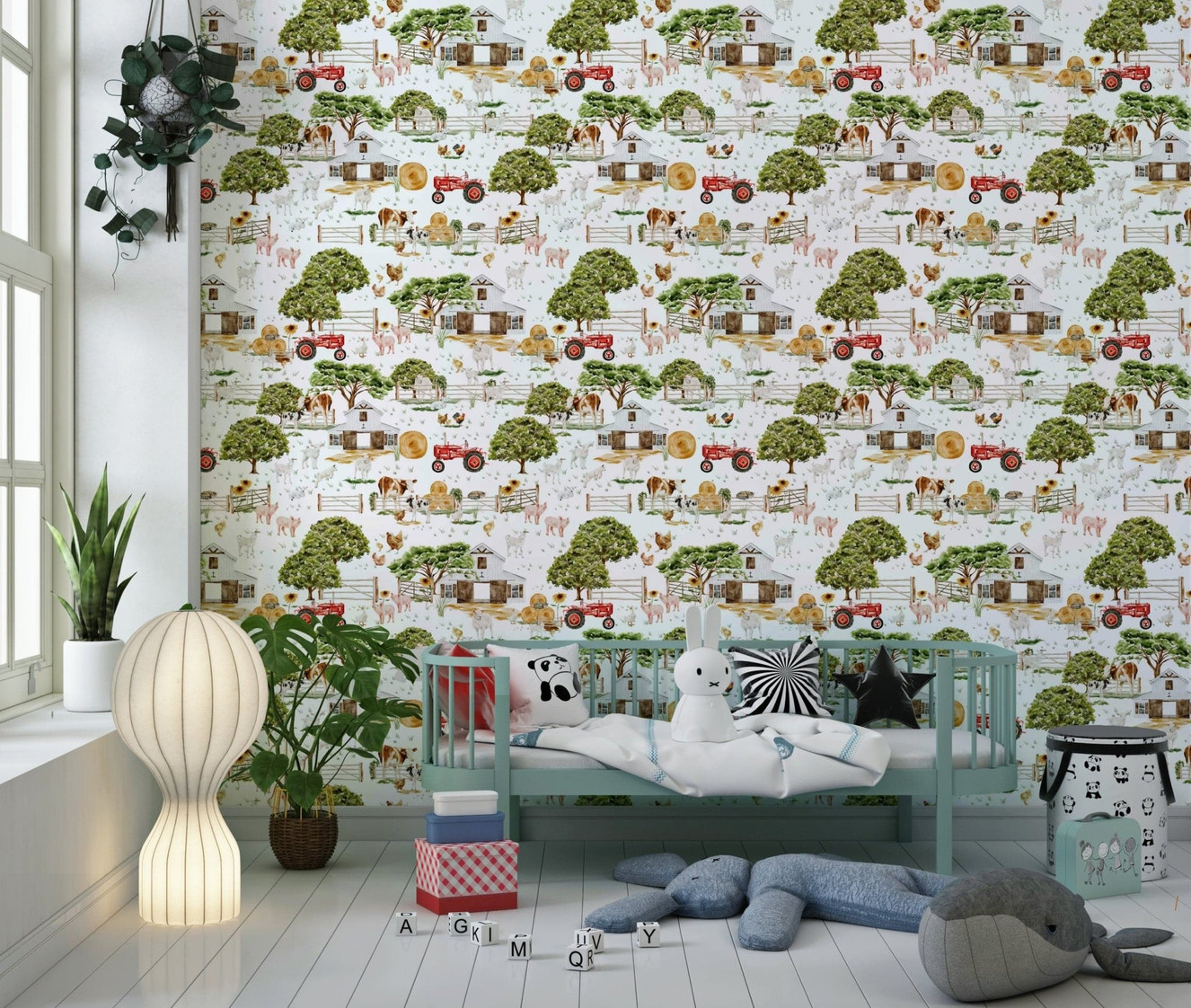 Watercolor Farm Life red tractor wallpaper for walls meadow.