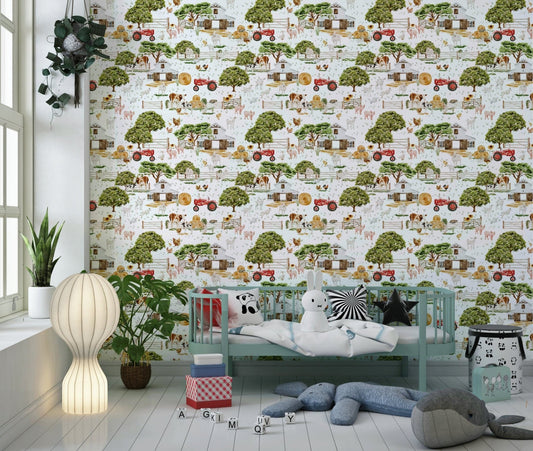 Watercolor Farm Life red tractor wallpaper for walls meadow.