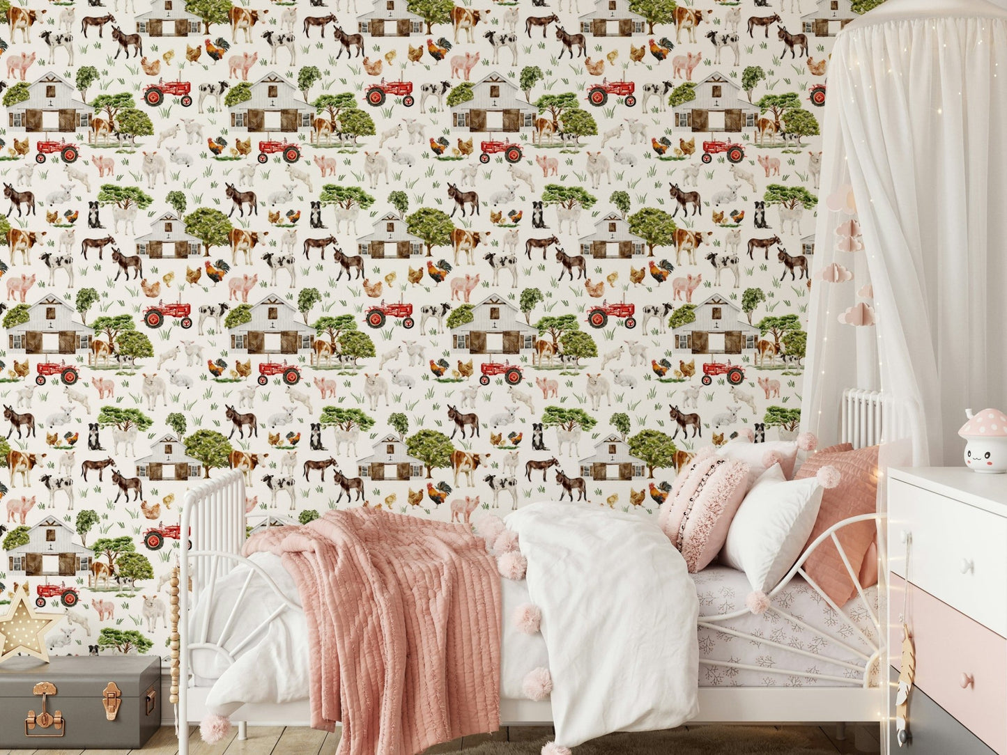 Countryside donkey sketches decorating Watercolor Farm Life wallpaper mural.