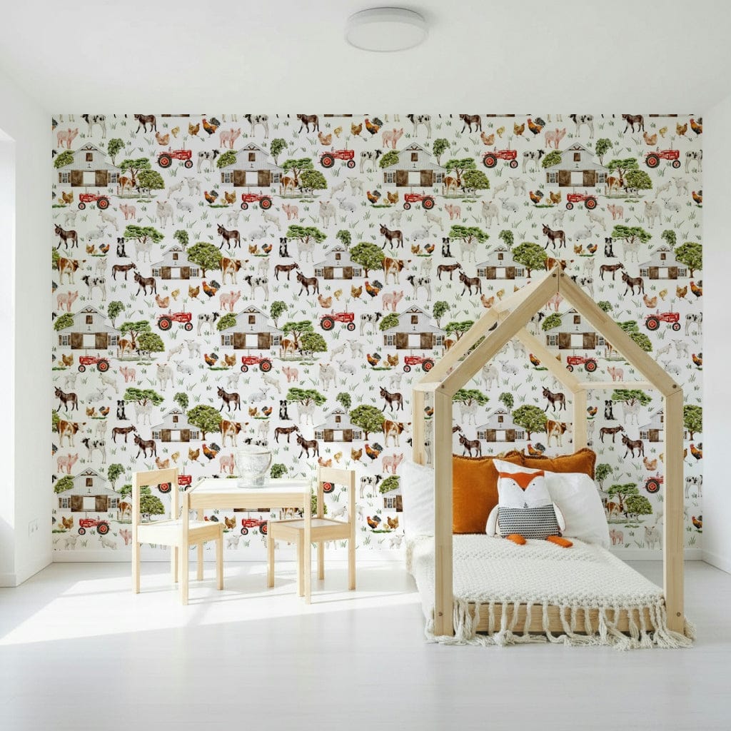 Sweet baby calves on Watercolor Farm Life wallpaper for walls.