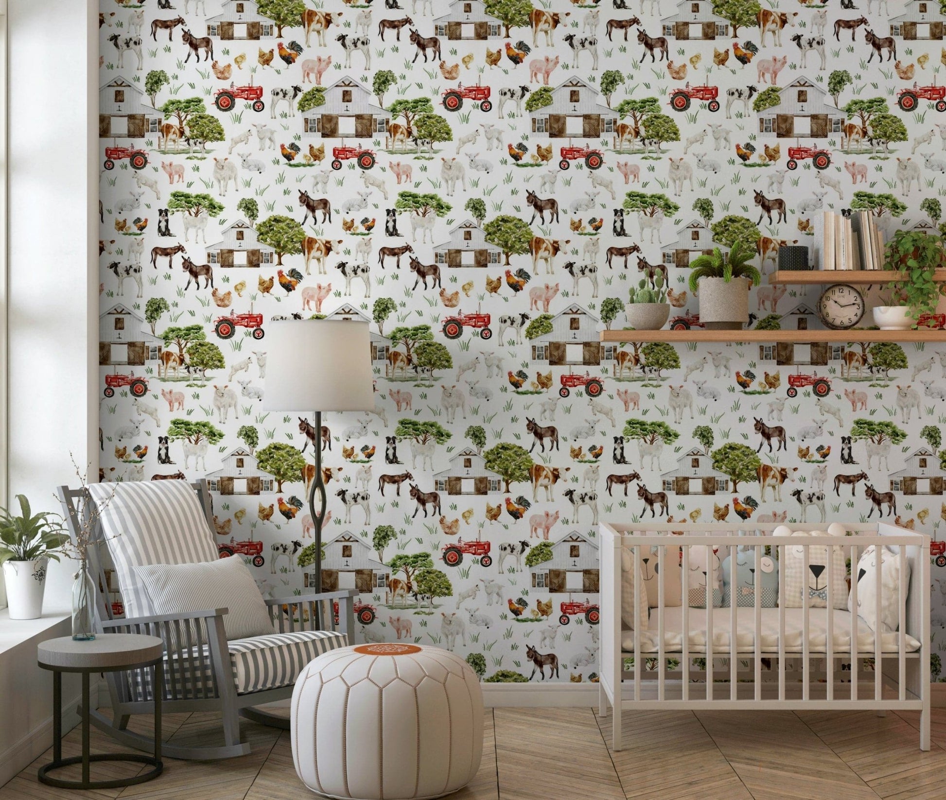 Watercolor Farm Life wallpaper for walls featuring rustic red tractors.