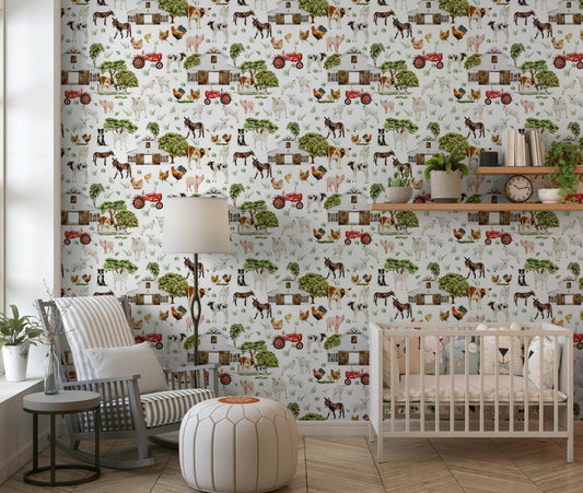 Watercolor Farm Life wallpaper for walls featuring rustic red tractors.