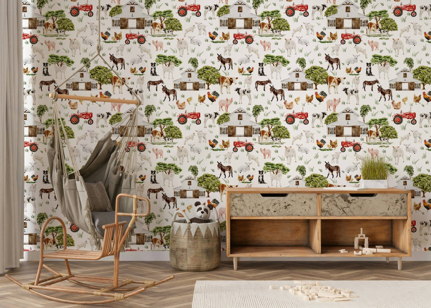 Watercolor Farm Life peel and stick wallpaper including border collies.