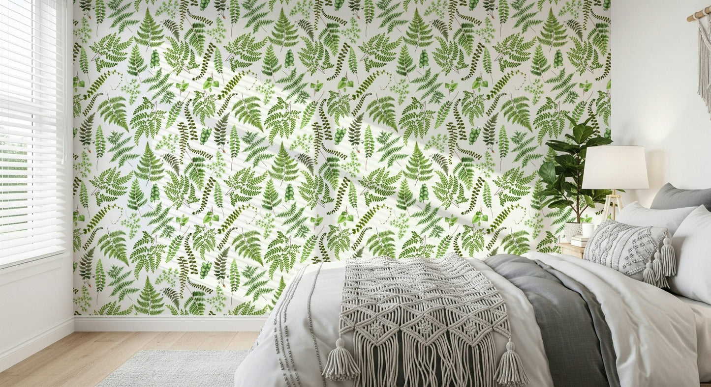 Botanical canopy wall covering, airy, leafy, elegant texture.