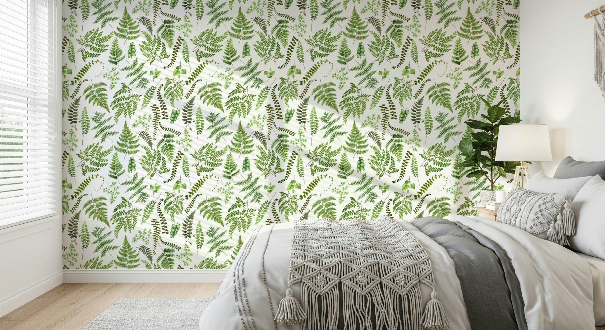 Botanical canopy wall covering, airy, leafy, elegant texture.