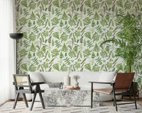 Watercolor Fern Canopy design, forest inspiration, living room.