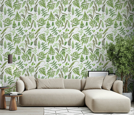 Watercolor Fern Canopy wallpaper for walls, lush botanical pattern.