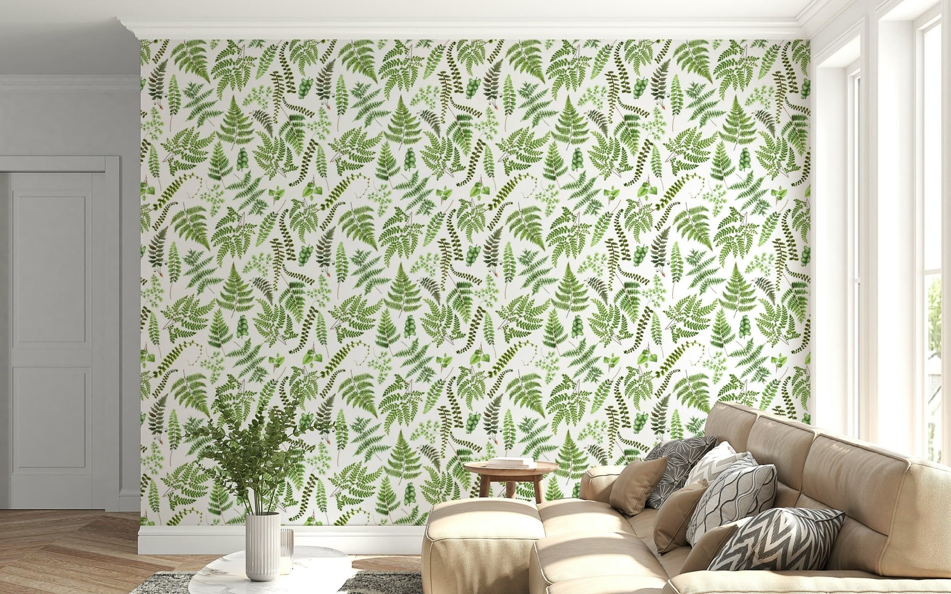 Peel and stick fern wallpaper, bright green nature print.