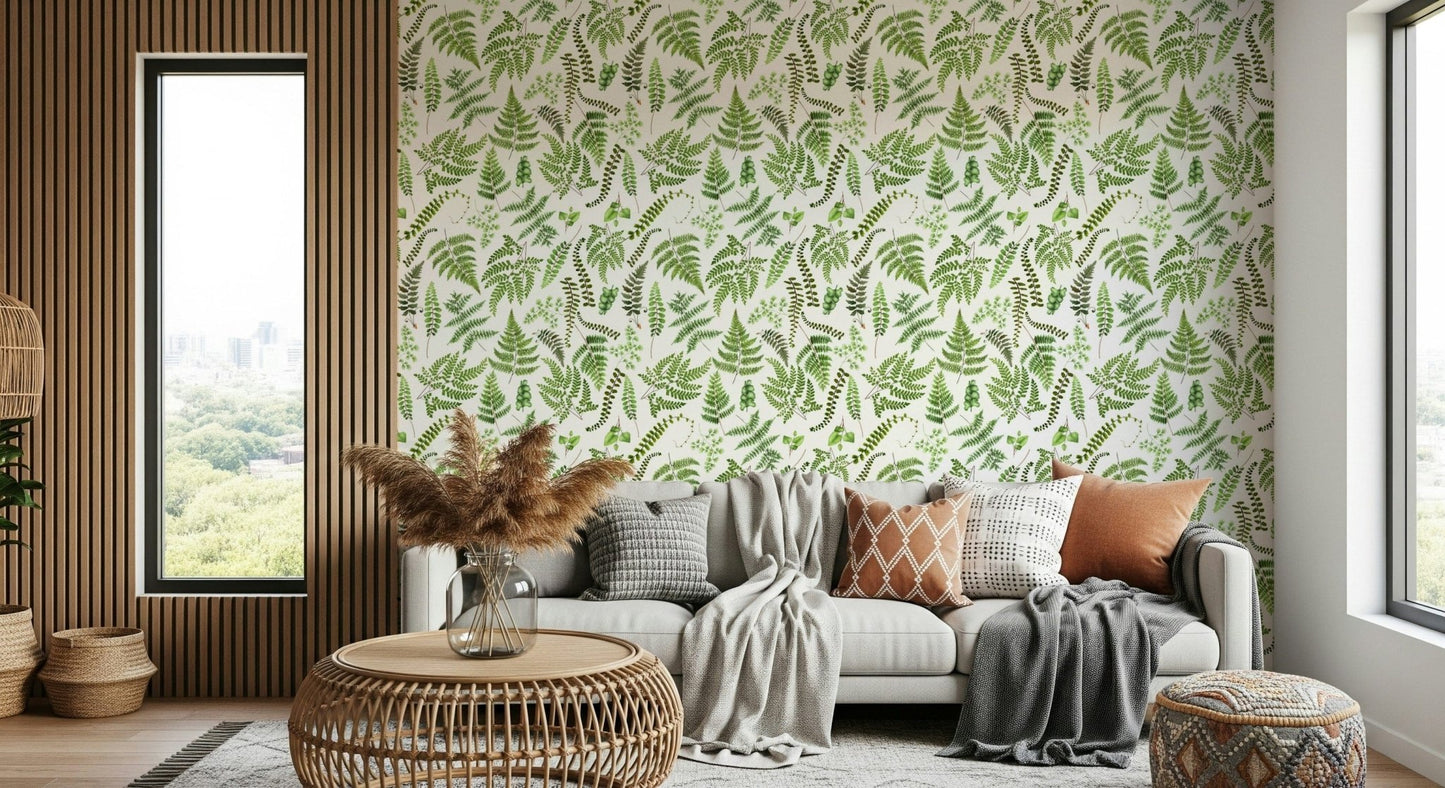 Green fern leaves wall mural, natural, vibrant, serene design.