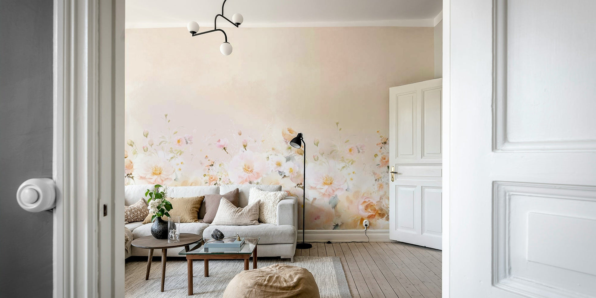 A serene watercolor floral mural that brings calmness to a room.

