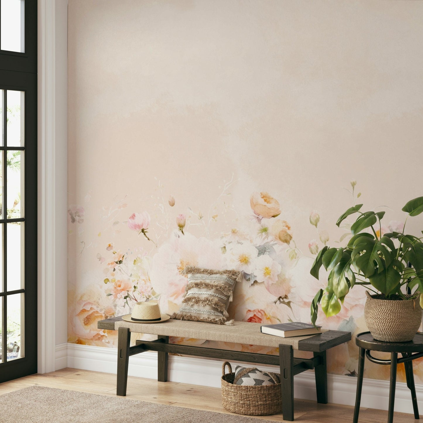 Watercolor floral mural for dreamy bedroom walls.

