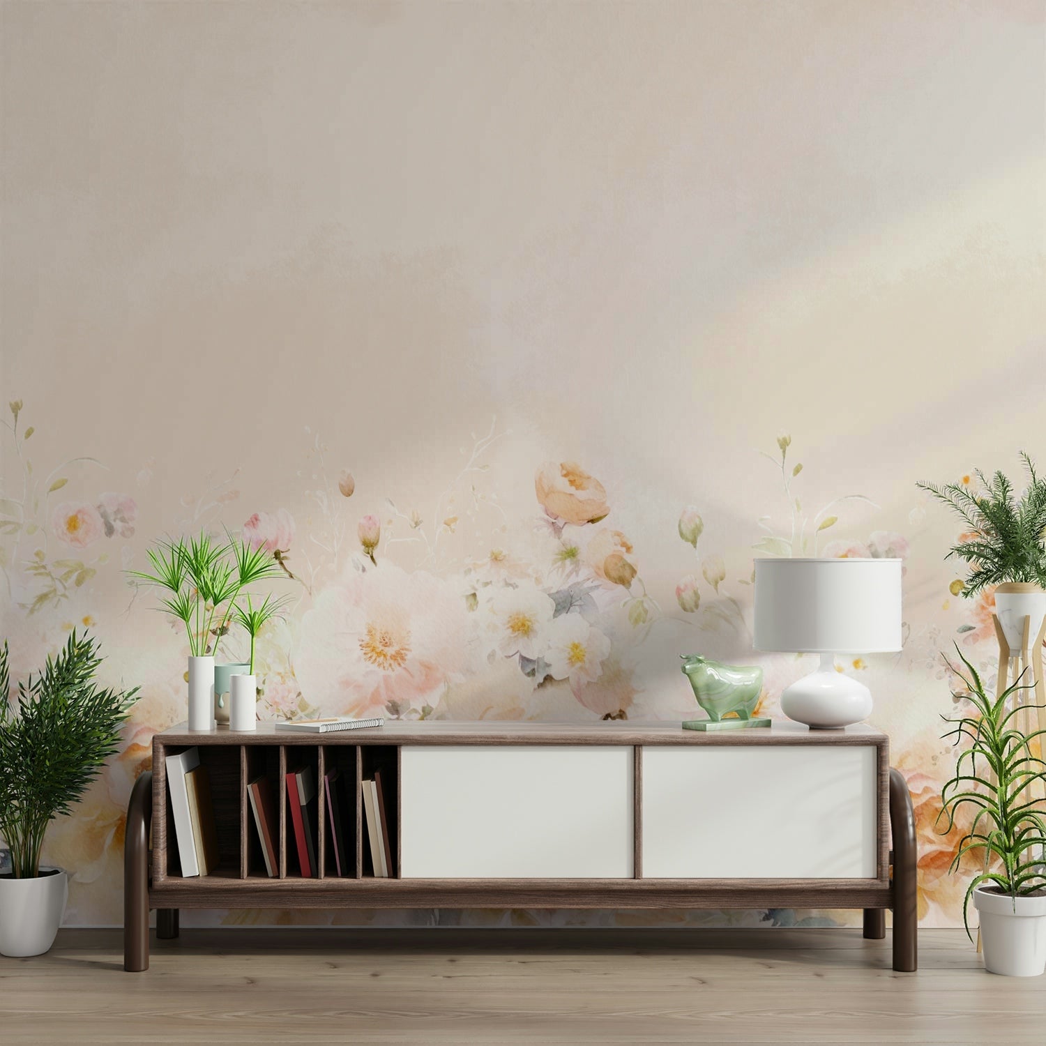 Beautiful watercolor floral wall art mural for living rooms.


